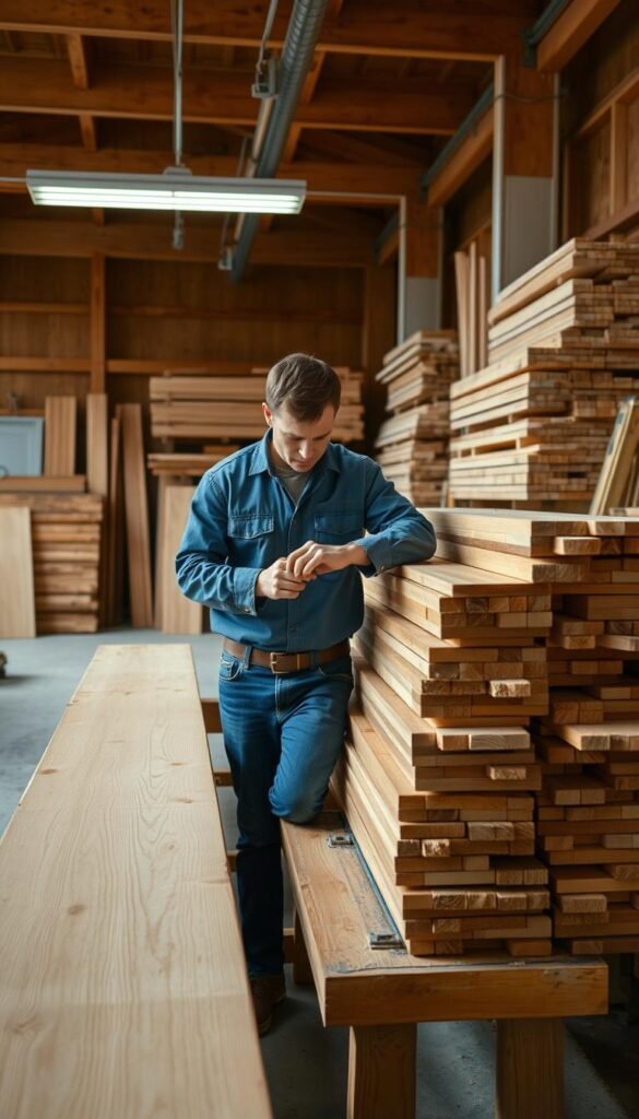 A well-lit workshop filled with wooden lumber boards. In the foreground, a worker in a blue work shirt and jeans carefully inspects each board, running their hands along the grain and checking for any defects or imperfections. The boards are evenly stacked on a sturdy wooden workbench, their natural cedar hues contrasting against the clean, organized space. Soft shadows cast by the overhead lighting add depth and dimension, highlighting the textures and patterns of the wood. The overall atmosphere conveys a sense of precision, quality, and the pride of craftsmanship associated with selecting the perfect lumber for a project. A well-lit workshop filled with wooden lumber boards. In the foreground, a worker in a blue work shirt and jeans carefully inspects each board, running their hands along the grain and checking for any defects or imperfections. The boards are evenly stacked on a sturdy wooden workbench, their natural cedar hues contrasting against the clean, organized space. Soft shadows cast by the overhead lighting add depth and dimension, highlighting the textures and patterns of the wood. The overall atmosphere conveys a sense of precision, quality, and the pride of craftsmanship associated with selecting the perfect lumber for a project.