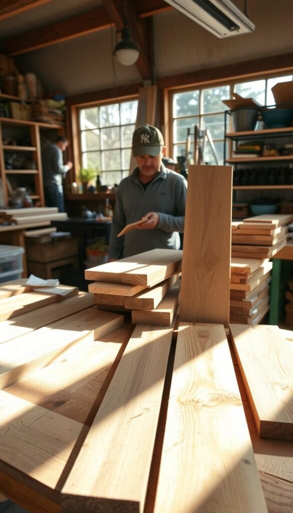A well-lit workshop interior, with a wooden workbench in the foreground displaying various types of lumber - cedar, pine, and pressure-treated boards of varying widths and lengths. Sunlight streams in through large windows, casting warm shadows across the materials. An expert DIY gardener examines the wood, considering grain patterns, knots, and defects, evaluating their suitability for constructing raised garden beds. The background features shelves stocked with gardening tools, soil, and other supplies, creating a cozy, productive atmosphere conducive to successful project planning.