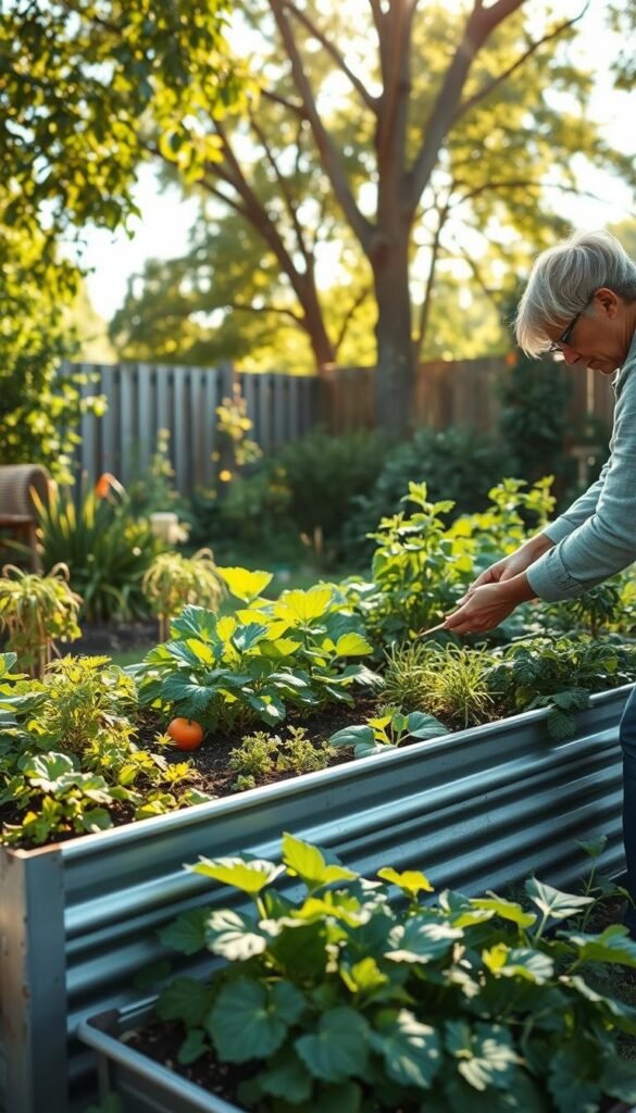 A well-maintained galvanized raised garden bed in a tranquil backyard setting. The bed is filled with lush, vibrant greenery and a variety of healthy vegetables and herbs. Sunlight filters through the surrounding trees, casting a warm, natural glow over the scene. In the foreground, a gardener is carefully tending to the plants, gently pruning and weeding with precision. The overall composition conveys a sense of harmony, showcasing the practical and aesthetic benefits of a properly set up and maintained garden bed. A well-maintained galvanized raised garden bed in a tranquil backyard setting. The bed is filled with lush, vibrant greenery and a variety of healthy vegetables and herbs. Sunlight filters through the surrounding trees, casting a warm, natural glow over the scene. In the foreground, a gardener is carefully tending to the plants, gently pruning and weeding with precision. The overall composition conveys a sense of harmony, showcasing the practical and aesthetic benefits of a properly set up and maintained garden bed.