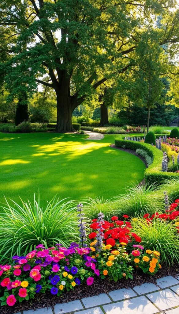 A well-manicured garden bed seamlessly integrated with a lush, verdant lawn. In the foreground, a harmonious blend of vibrant flowers, neatly trimmed hedges, and flowing ornamental grasses create a visually captivating border. The middle ground features a gently curving path of natural stone, inviting the viewer to explore the tranquil space. Dappled sunlight filters through the canopy of mature trees in the background, casting a warm, golden glow over the entire scene. The overall composition conveys a sense of balance, beauty, and careful attention to landscape design. A well-manicured garden bed seamlessly integrated with a lush, verdant lawn. In the foreground, a harmonious blend of vibrant flowers, neatly trimmed hedges, and flowing ornamental grasses create a visually captivating border. The middle ground features a gently curving path of natural stone, inviting the viewer to explore the tranquil space. Dappled sunlight filters through the canopy of mature trees in the background, casting a warm, golden glow over the entire scene. The overall composition conveys a sense of balance, beauty, and careful attention to landscape design.