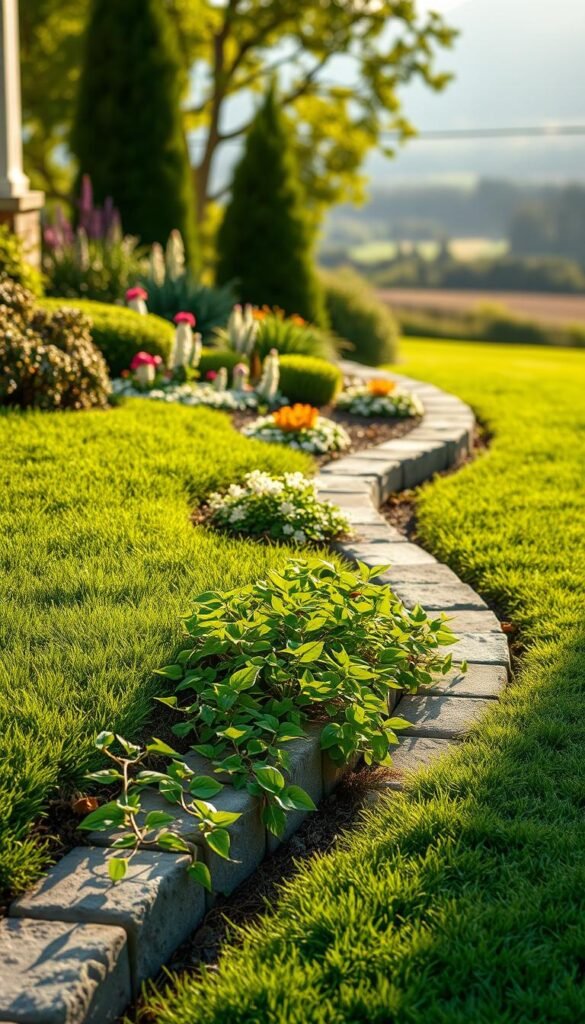 A well-manicured garden with a visually appealing edge installation. Freshly laid natural stone pavers line the perimeter, creating a seamless transition between lawn and flowerbeds. Sunlight casts a warm glow, highlighting the textural details of the stones. In the foreground, vibrant green groundcover and trailing vines spill over the edge, adding a lush, organic feel. The middle ground features a mix of flowering plants and neatly trimmed shrubs, creating depth and visual interest. The background gently fades into a blurred, dreamy landscape, setting a tranquil, serene atmosphere. The overall scene conveys a sense of effortless beauty and low-maintenance elegance.