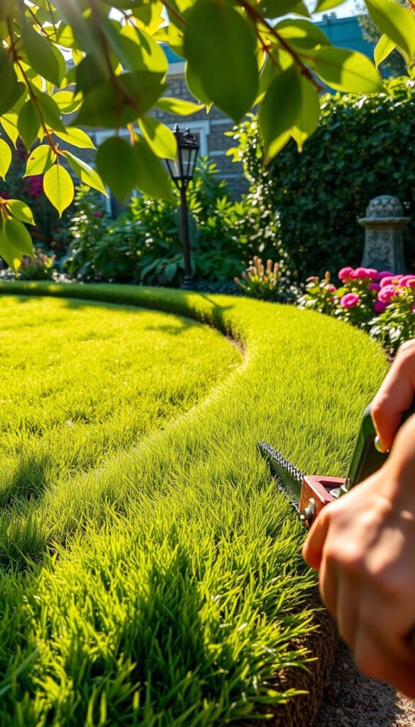 A well-manicured lawn edge, its crisp lines delineating the border between grass and garden beds. Sunlight filters through the leaves, casting a warm glow on the freshly trimmed grass. In the foreground, a gardener's hands carefully guide a pair of sharp hedge trimmers, sculpting the edge with precision. The middle ground reveals a neatly edged border, its curves and angles meticulously maintained. In the background, lush foliage and vibrant flowers frame the scene, hinting at the beauty beyond the carefully tended edge. The overall atmosphere is one of order, attention to detail, and a sense of pride in a well-kept outdoor space.