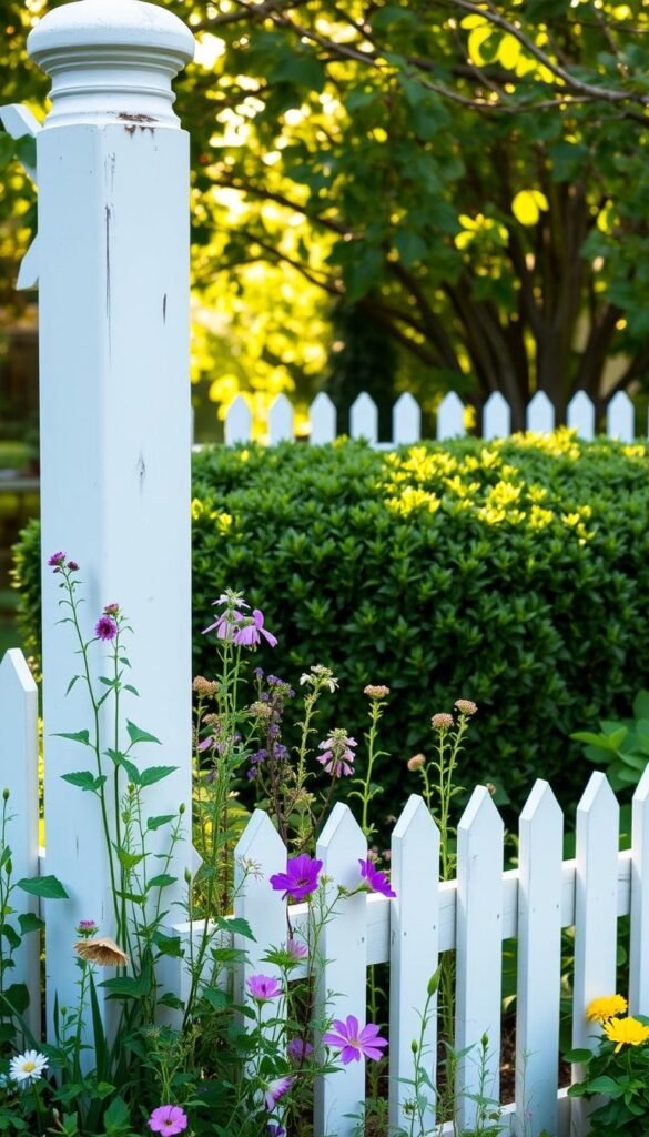 A well-manicured white picket fence frames a charming cottage garden, its wooden slats casting soft shadows across the lush green foliage. In the foreground, a mix of colorful perennials and fragrant herbs spill over the fence's edge, creating a welcoming, rustic vibe. Nestled behind the fence, a low hedge of neatly trimmed boxwood plants adds structure and depth to the scene. Warm, golden sunlight filters through the branches, illuminating the garden's serene beauty. The overall composition conveys a sense of tranquility and old-world charm, perfectly complementing the article's theme of enhancing cottage garden borders.