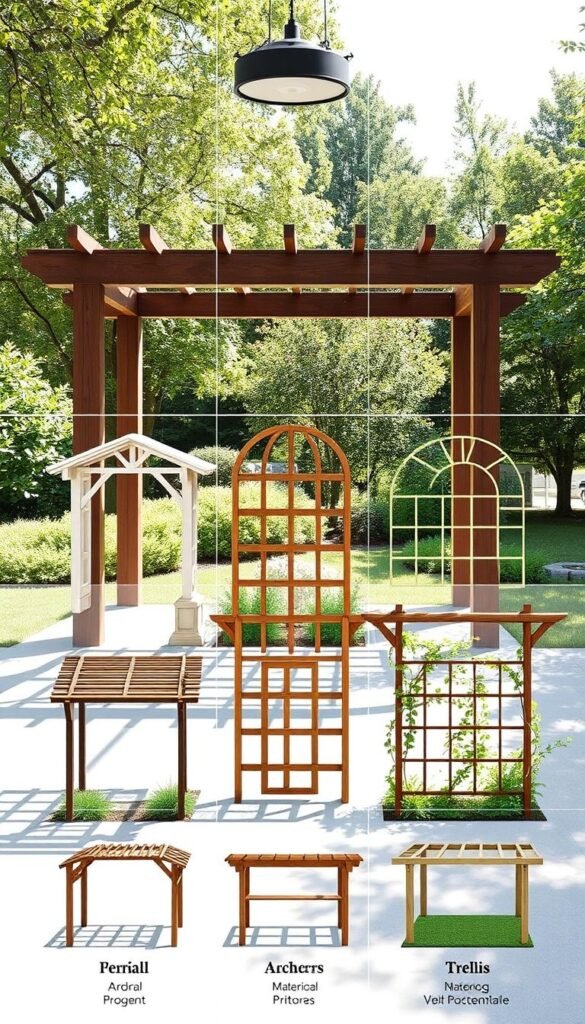 A well-organized comparative study of garden structures, showcasing their distinct sizes, designs, and functions. In the foreground, a meticulously rendered pergola, arbor, and trellis, each highlighted with attention to architectural details and material textures. The middle ground features a neatly arranged grid layout, allowing for side-by-side analysis. The background subtly fades into a serene, sun-dappled garden setting, creating a harmonious and informative visual composition. Subtle lighting from an overhead source casts gentle shadows, emphasizing the structural elements. The overall mood is one of thoughtful examination, inviting the viewer to explore the nuances of these versatile garden features. A well-organized comparative study of garden structures, showcasing their distinct sizes, designs, and functions. In the foreground, a meticulously rendered pergola, arbor, and trellis, each highlighted with attention to architectural details and material textures. The middle ground features a neatly arranged grid layout, allowing for side-by-side analysis. The background subtly fades into a serene, sun-dappled garden setting, creating a harmonious and informative visual composition. Subtle lighting from an overhead source casts gentle shadows, emphasizing the structural elements. The overall mood is one of thoughtful examination, inviting the viewer to explore the nuances of these versatile garden features.