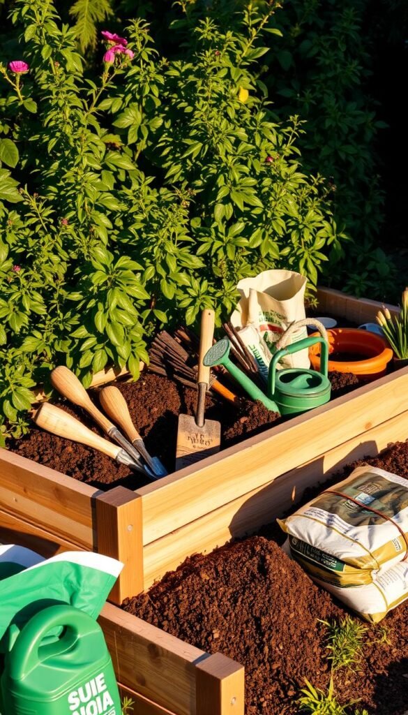 A well-organized raised garden bed filled with an assortment of gardening supplies, including wooden planks, a trowel, gardening gloves, a watering can, and bags of soil and mulch. The bed is situated in a lush, natural setting with vibrant greenery in the background, bathed in warm, directional lighting that casts soft shadows. The overall scene conveys a sense of tranquility and the joy of cultivating a productive, low-maintenance gardening space.