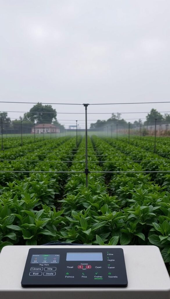 A well-organized smart irrigation setup in a lush, verdant garden. In the foreground, a sleek control panel with digital displays and intuitive controls, surrounded by hardy, water-efficient plants. The middle ground features a network of discrete irrigation nozzles, strategically placed to deliver water precisely where needed. In the background, a muted, overcast sky casts a soft, even light across the scene, highlighting the natural textures and colors. The overall impression is one of efficiency, sustainability, and seamless integration between technology and nature.