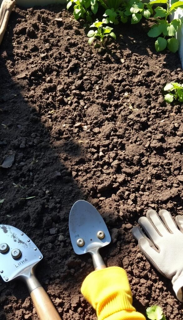 A well-tilled raised garden bed, the soil dark and crumbly, ready to nurture a bountiful salsa garden. Sunlight filters through the canopy above, casting a warm glow on the freshly turned earth. Gardening tools, their metal surfaces gleaming, stand at the ready - a trowel, a cultivator, and a pair of gloves, all poised to help coax the most flavorful tomatoes, peppers, onions, and cilantro from the soil. The scene radiates a sense of anticipation and fertile potential, inviting the viewer to imagine the vibrant greens, reds, and yellows that will soon spring forth from this meticulously prepared planting area.