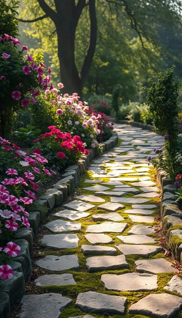 A winding stone pathway meanders through a lush, romantic cottage garden. Vibrant flowers in shades of pink, purple, and white dot the borders, their petals softly backlit by dappled sunlight filtering through the trees overhead. The path is lined with weathered, moss-covered stones that twist and turn, drawing the eye forward. A warm, hazy atmosphere envelops the scene, creating a sense of timeless, enchanted beauty. The path's gentle curves lead the viewer deeper into this idyllic, secluded oasis, inviting exploration and discovery. A winding stone pathway meanders through a lush, romantic cottage garden. Vibrant flowers in shades of pink, purple, and white dot the borders, their petals softly backlit by dappled sunlight filtering through the trees overhead. The path is lined with weathered, moss-covered stones that twist and turn, drawing the eye forward. A warm, hazy atmosphere envelops the scene, creating a sense of timeless, enchanted beauty. The path's gentle curves lead the viewer deeper into this idyllic, secluded oasis, inviting exploration and discovery.