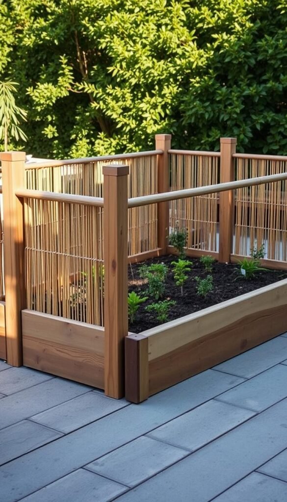 A wooden garden bed surrounded by a removable fence made of sturdy wooden posts and horizontal rails. The fence panels are constructed from a mix of natural materials such as bamboo, woven reeds, and thin wooden slats, creating a rustic, earthy aesthetic. The fence is designed to be easily assembled and disassembled, allowing for flexibility in the garden layout. Warm, natural lighting illuminates the scene, casting gentle shadows and highlighting the textures of the materials. The entire setup is placed against a backdrop of lush greenery, hinting at the vibrant garden it is intended to protect. A wooden garden bed surrounded by a removable fence made of sturdy wooden posts and horizontal rails. The fence panels are constructed from a mix of natural materials such as bamboo, woven reeds, and thin wooden slats, creating a rustic, earthy aesthetic. The fence is designed to be easily assembled and disassembled, allowing for flexibility in the garden layout. Warm, natural lighting illuminates the scene, casting gentle shadows and highlighting the textures of the materials. The entire setup is placed against a backdrop of lush greenery, hinting at the vibrant garden it is intended to protect.
