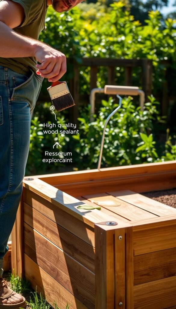 A wooden raised garden bed in a sunlit outdoor setting, with a gardener demonstrating various application techniques for maximum protection. In the foreground, the gardener applies a high-quality wood sealant to the bed's surface using a brush, ensuring an even, smooth coverage. In the middle ground, the gardener uses a roller to apply a durable exterior paint in a natural, earthy tone, blending seamlessly with the surrounding environment. In the background, the lush greenery of the garden provides a vibrant, natural backdrop, emphasizing the importance of the raised bed's longevity and integration with the landscape. The lighting is soft and warm, casting subtle shadows that accentuate the texture of the wood and the gardener's movements. The camera angle is slightly elevated, offering a clear, unobstructed view of the application process.