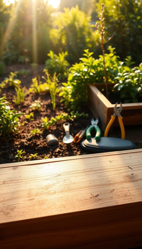 A wooden raised garden bed lies in the foreground, its planks freshly sanded and ready for treatment. In the middle ground, gardening tools - a trowel, pruning shears, and a gardener's kneeling pad - are neatly arranged, suggesting the preparation process. The background features a lush, verdant garden, hinting at the vibrant life that will soon inhabit the raised bed. Warm, golden sunlight filters through the scene, creating a serene and inviting atmosphere. The overall composition conveys a sense of anticipation and care, as the gardener prepares to nurture this new growing space.