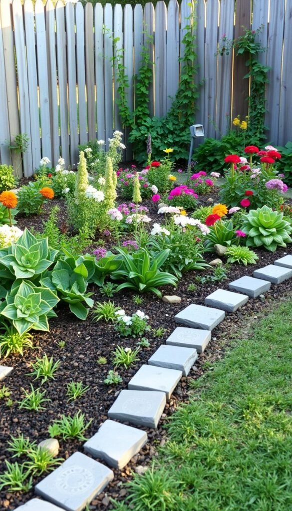 An artfully arranged garden showcasing a variety of DIY edging techniques. In the foreground, neat rows of decorative stones and pavers line the edges, creating a classic and well-defined border. In the middle ground, a mix of lush, vibrant plants and flowers spill over the edges, adding a natural, cascading effect. The background features a picturesque wooden fence, casting warm, soft lighting across the scene. The overall atmosphere is one of rustic charm and inviting, well-tended elegance, capturing the essence of a beautifully executed small garden border.