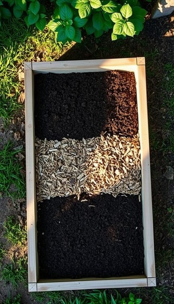An artistic overhead view of a well-planned raised garden bed, showcasing the thoughtful layering of soil, compost, and mulch. The scene is illuminated by soft, natural lighting, casting subtle shadows that accentuate the textural details. The bed is positioned in a lush, verdant setting, with a hint of surrounding foliage visible in the background. The layers are precisely arranged, creating a visually appealing and informative illustration of an effective garden bed filling strategy.
