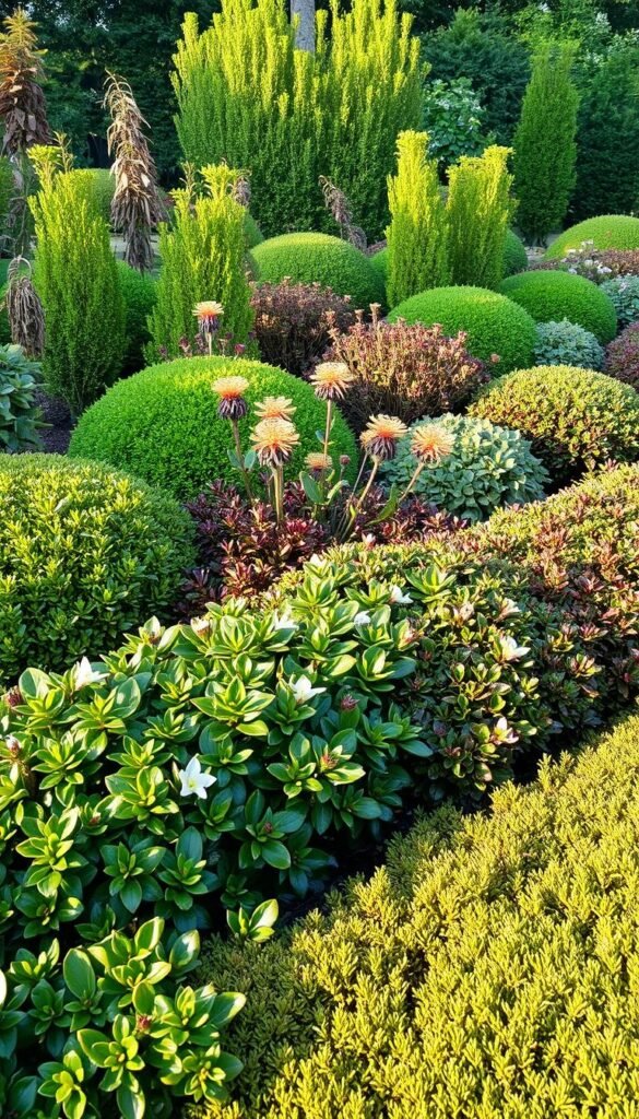 An assortment of well-defined, low-growing shrubs, carefully selected to create a harmonious and unobtrusive border for a lush garden. The scene is bathed in warm, natural light, captured from a slightly elevated angle to showcase the intricate textures and vibrant colors of the foliage. In the foreground, a variety of compact, evergreen shrubs with glossy leaves and delicate flowers form a neatly trimmed edge, leading the eye deeper into the scene. The middle ground features a mix of deciduous shrubs with varying shapes and hues, creating a sense of depth and visual interest. In the background, a backdrop of taller plants and trees provides a verdant, natural setting, framing the carefully curated border.