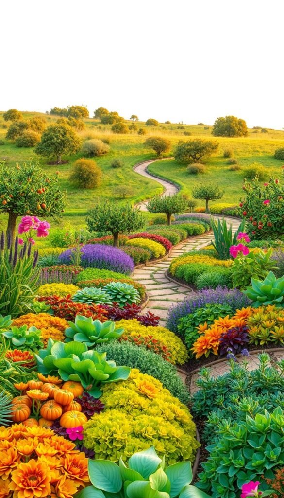 An edible landscape color design showcasing a lush, vibrant garden. In the foreground, a variety of colorful, organically-shaped vegetable and herb beds, their foliage and flowers creating a striking mosaic. The middle ground features meandering pathways flanked by small fruit trees, their branches heavy with ripe produce. In the background, a gently rolling hill is dotted with clusters of edible shrubs and wildflowers, bathed in warm, soft light. The scene exudes a sense of harmony, where form and function seamlessly blend, creating a captivating and visually appealing edible landscape.