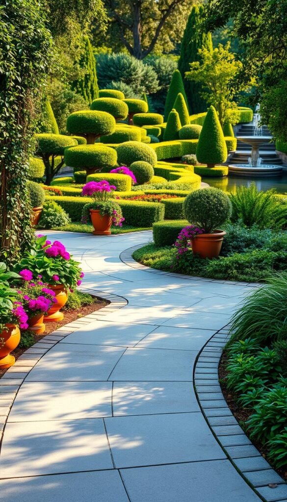 An elegant, winding garden path meanders through a lush, verdant landscape. Smooth, curved concrete tiles form the foreground, leading the eye deeper into the scene. Bordering the pathway, vibrant container plantings in terracotta pots spill over with cascading vines and blooming flowers, creating a sense of abundant growth. In the middle ground, sculpted shrubs and trees cast dappled shadows, while the background reveals a tranquil water feature reflecting the natural light. The entire composition is bathed in a warm, golden glow, creating a serene and inviting atmosphere for the viewer to explore.
