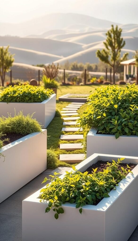 An ergonomic raised garden bed with a sleek, modern design. The bed is made of smooth, polished concrete, its edges gently sloping for easy access. The beds are positioned in a well-lit outdoor setting, with natural sunlight casting warm, diffused illumination across the scene. In the foreground, lush, vibrant greenery cascades over the edges, creating a visually striking contrast with the stark, minimalist concrete. The middle ground features a simple, elegant stone path winding through the beds, inviting the viewer to explore the space. In the background, a serene landscape of rolling hills or a tranquil garden setting provides a calming, natural backdrop. An ergonomic raised garden bed with a sleek, modern design. The bed is made of smooth, polished concrete, its edges gently sloping for easy access. The beds are positioned in a well-lit outdoor setting, with natural sunlight casting warm, diffused illumination across the scene. In the foreground, lush, vibrant greenery cascades over the edges, creating a visually striking contrast with the stark, minimalist concrete. The middle ground features a simple, elegant stone path winding through the beds, inviting the viewer to explore the space. In the background, a serene landscape of rolling hills or a tranquil garden setting provides a calming, natural backdrop.