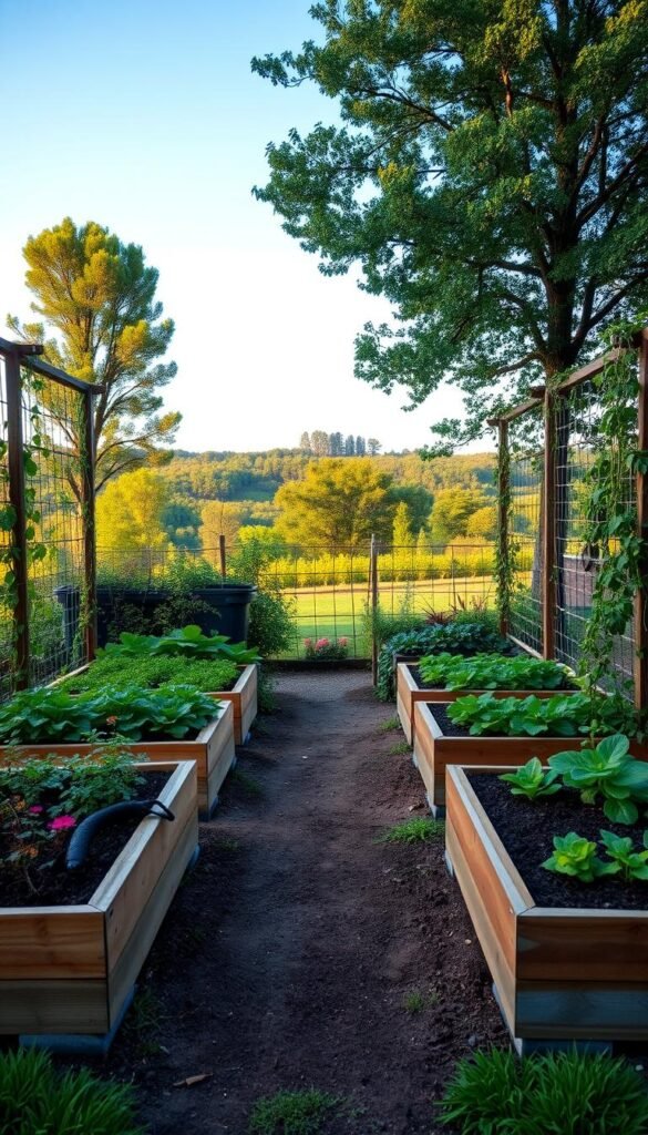 An idyllic raised garden bed layout showcasing a harmonious blend of practical functionality and aesthetic appeal. In the foreground, neatly arranged vegetable beds with lush, vibrant plants are framed by sturdy, wooden raised planters. Climbing vines gracefully wind their way up sturdy trellises, creating a visually captivating vertical element. The middle ground features a path winding through the garden, inviting the viewer to explore. In the background, a lush, verdant landscape with towering trees and a clear blue sky set the scene, evoking a sense of tranquility and connection to nature. Soft, diffused lighting casts a warm, golden glow, accentuating the organic textures and colors. The overall composition conveys a sense of carefully planned, harmonious garden design that seamlessly integrates functionality and aesthetic appeal. An idyllic raised garden bed layout showcasing a harmonious blend of practical functionality and aesthetic appeal. In the foreground, neatly arranged vegetable beds with lush, vibrant plants are framed by sturdy, wooden raised planters. Climbing vines gracefully wind their way up sturdy trellises, creating a visually captivating vertical element. The middle ground features a path winding through the garden, inviting the viewer to explore. In the background, a lush, verdant landscape with towering trees and a clear blue sky set the scene, evoking a sense of tranquility and connection to nature. Soft, diffused lighting casts a warm, golden glow, accentuating the organic textures and colors. The overall composition conveys a sense of carefully planned, harmonious garden design that seamlessly integrates functionality and aesthetic appeal.