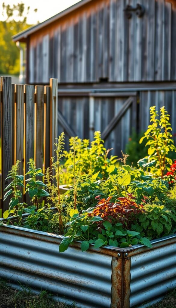 An industrial farmhouse garden with a modern twist. A raised garden bed made of galvanized steel, its rugged charm complementing the lush, meticulously tended plants. In the foreground, a mix of herbs and vegetables spill over the edges, their vibrant greens and bursts of color creating a visually striking tableau. Behind, a wooden fence frames the scene, its weathered planks hinting at the passage of time. The background features a rustic barn, its weathered siding and tin roof evoking a bygone era. Warm, golden light filters through the scene, casting a soft, inviting glow and creating a sense of tranquility and harmony between the industrial and the natural elements.