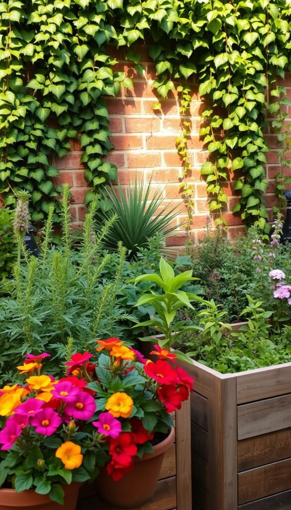 An intimate garden scene of seasonal layering with a warm, inviting atmosphere. In the foreground, vibrant flowers in terracotta pots cascade over the edges of wooden planter boxes. The middle ground features a variety of lush foliage plants in varying heights, textures, and shades of green, creating a sense of depth. In the background, a brick wall is adorned with trailing vines, casting soft, dappled shadows across the scene. The lighting is natural and diffused, lending a golden glow to the arrangement. The overall composition emphasizes the harmonious coexistence of diverse plant life in a small, well-designed space.