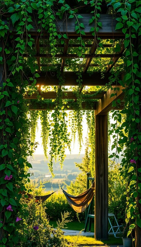 An intimate garden scene showcasing lush, verdant climbing plants adorning a rustic wooden pergola and arbor. The vines and tendrils cascade gracefully, creating a natural canopy that filters the warm, golden sunlight filtering through. The intricate interplay of light and shadow casts a soft, dappled glow, evoking a sense of tranquility and seclusion. In the foreground, delicate flowers in vibrant hues dot the verdant foliage, adding pops of color. The middle ground features the sturdy, weathered pergola structure, its organic lines complementing the flowing plants. The background gently recedes, hinting at a serene landscape beyond. An atmospheric, cinematic style captures the essence of this harmonious interplay between architecture and nature.
