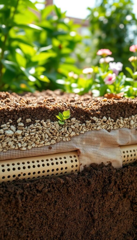 An intricate cross-section of a raised garden bed, illuminated by natural light filtering through verdant foliage. In the foreground, a layered system of drainage materials is meticulously depicted - a gravel base, followed by a perforated pipe, and topped with a geotextile fabric. The middle ground showcases the rich, loamy soil, its texture and composition evident. In the background, lush plants and flowers thrive, their verdant hues creating a harmonious visual symphony. The composition is captured with a crisp, documentary-style lens, emphasizing the practical details and functional beauty of this modern, minimalist garden design.