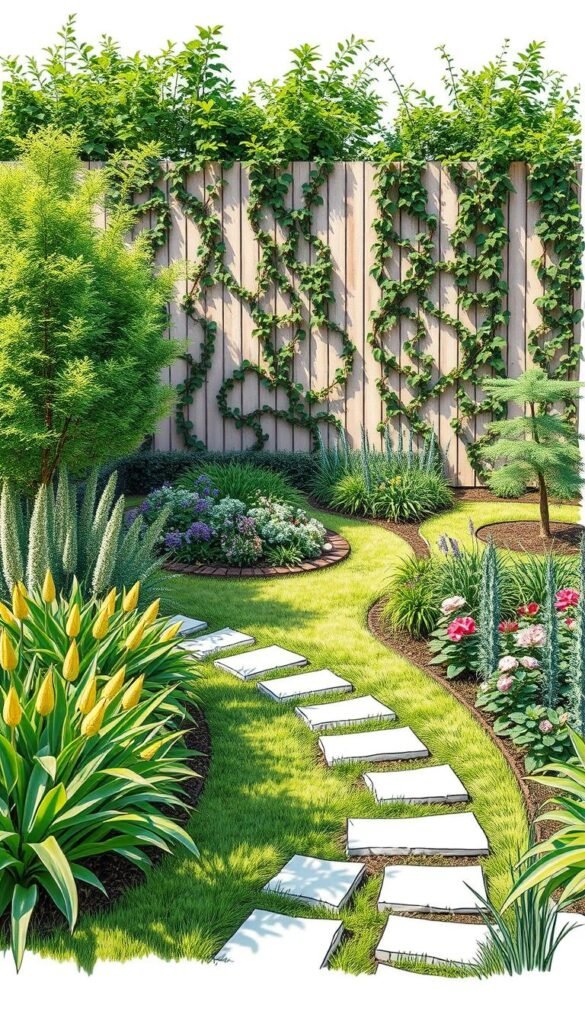 An intricately detailed garden layout sketch plan, depicting a well-organized and harmonious outdoor space. The foreground showcases a thoughtfully designed path winding through lush, vibrant foliage, inviting exploration. The middle ground features expertly planned garden beds, with a variety of thriving plants and flowers arranged in a visually appealing composition. In the background, a tall privacy fence, adorned with climbing vines, creates a sense of seclusion and natural tranquility. The lighting is soft and natural, casting gentle shadows and highlighting the textures of the vegetation. The overall scene radiates a sense of intentionality, where every element seamlessly contributes to the creation of a private, aesthetically pleasing garden oasis.