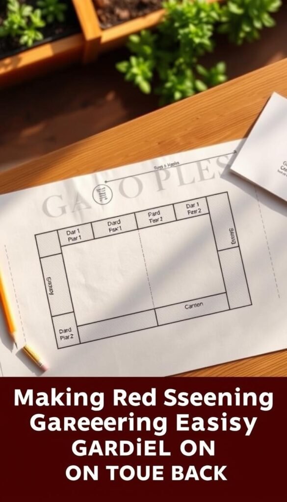 An overhead view of a raised garden bed layout plan, seen on a wooden table with a pencil and paper nearby. The bed is rectangular, divided into sections with neat rows and columns, suggesting an organized, thoughtful design. The background is softly blurred, keeping the focus on the planning process. Warm, natural lighting illuminates the scene, creating a serene, productive atmosphere. The image conveys a sense of careful preparation and attention to detail, reflecting the article's subject of making raised bed gardening easier on the back.