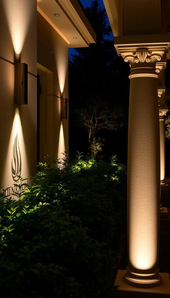 Architectural lighting features illuminating a serene garden landscape. Soft, warm lighting emanates from sleek, modern sconces mounted on the exterior walls, casting a gentle glow across the lush foliage. Strategically placed uplights highlight the intricate textures and shapes of the architectural elements, from the clean lines of the building to the ornate detailing of the columns. A mix of directional spotlights and diffused ambient lighting creates depth and dimension, drawing the eye towards the natural beauty of the garden. The overall effect is one of understated elegance, where the built and natural environments seamlessly merge in a captivating display of light and shadow.