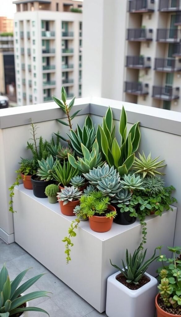 Compact, geometric arrangement of diverse potted plants in an urban rooftop garden. Elegant, minimalist display with various shapes, textures, and shades of green. Carefully curated selection of space-saving succulents, trailing vines, and compact shrubs nestled into a series of clean-lined, modular planters. Soft, ambient lighting casts gentle shadows, heightening the sense of depth and dimensionality. The overall composition exudes a serene, harmonious atmosphere, showcasing how small-space gardening can be both visually striking and functionally efficient.