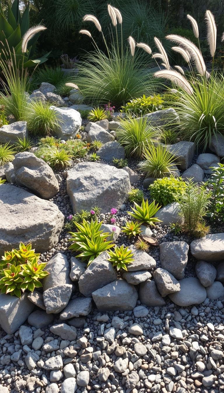 Contrasting textures in garden borders ideas using rocks and plants