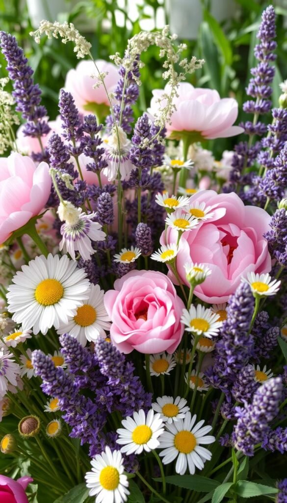 Cottage garden blooms selection, a vibrant array of delicate flowers against a backdrop of lush greenery. Close-up view showcasing the diverse textures and colors - velvety petals of peonies, whimsical sprays of lavender, cheerful daisies, and wispy astilbe. Soft, natural lighting accentuates the intricate details, creating an airy, romantic atmosphere. The arrangement is balanced, with a mix of heights and volumes to add depth and visual interest. The overall composition evokes a sense of tranquility and effortless beauty, perfectly capturing the essence of a charming cottage garden.