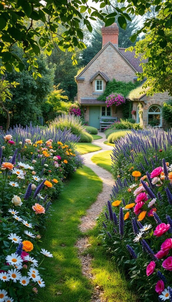 Cottage garden borders that combine romantic blooms and winding paths