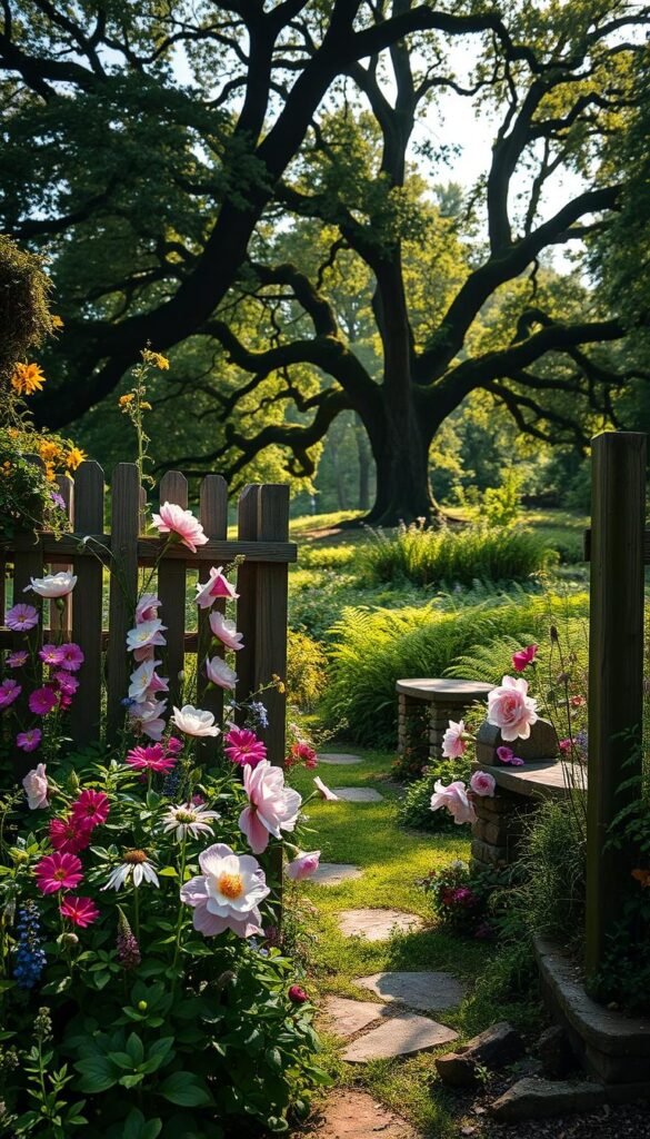 Cottage garden borders that transition seamlessly into woodland areas