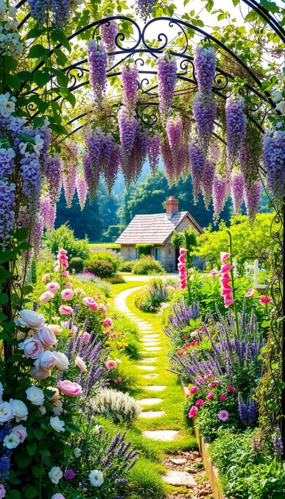 Cozy cottage garden borders around seating nooks and arbors