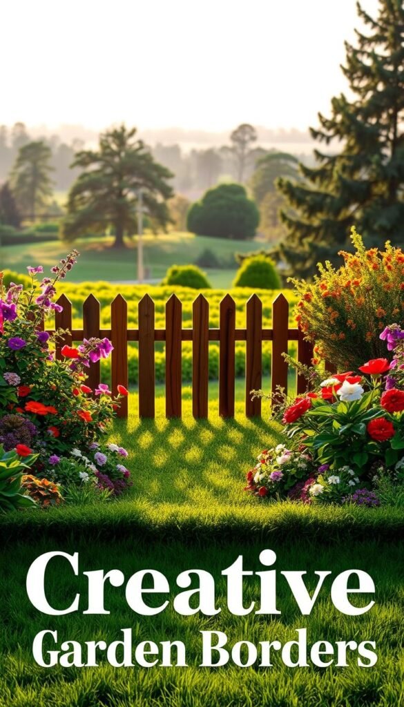 Creative and colorful garden border design with lush foliage, vibrant flowers, and natural textures. A picturesque scene of a well-manicured flower bed with a neatly trimmed lawn in the foreground, framed by a charming wooden fence in the middle ground. The background features a verdant landscape with towering trees and a soft, hazy sky. The lighting is warm and inviting, casting a gentle glow over the scene. The overall composition evokes a sense of tranquility and inspiration, perfectly capturing the essence of "Creative Garden Borders".