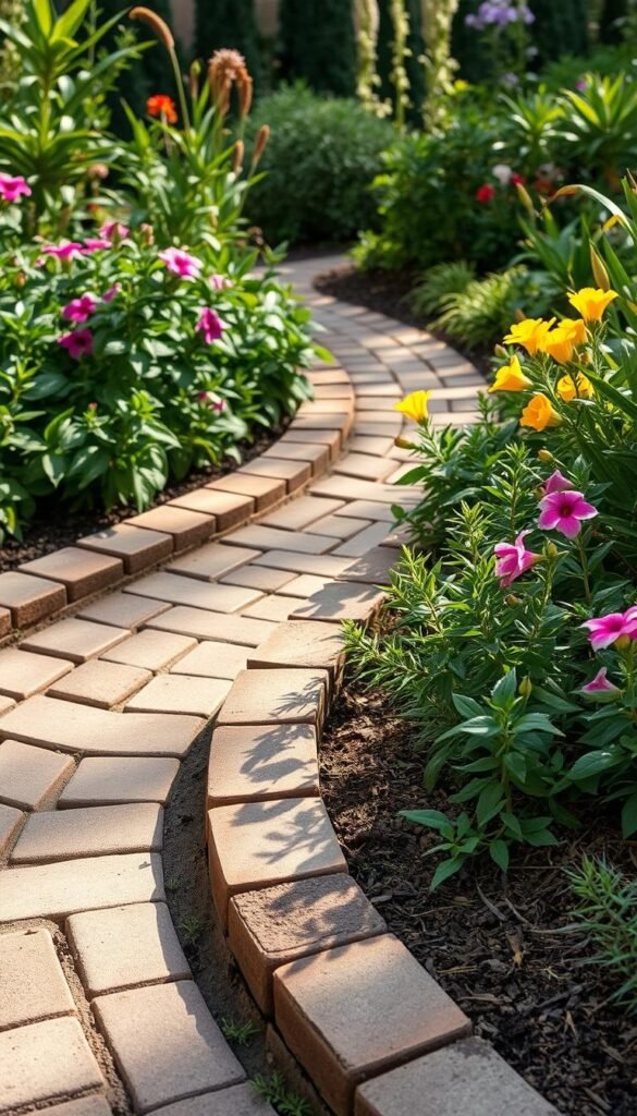 Curved brick garden edging, arranged in a natural, organic layout that seamlessly integrates with the surrounding landscape. The bricks, weathered and textured, form gentle curves that guide the eye through the lush foliage and vibrant flora. Soft, directional lighting casts subtle shadows, adding depth and dimension to the scene. The camera angle captures the edging from a slightly elevated perspective, showcasing its harmonious integration with the garden's unique topography. An atmosphere of tranquility and effortless elegance pervades the image, inviting the viewer to imagine the serene and personalized outdoor space.