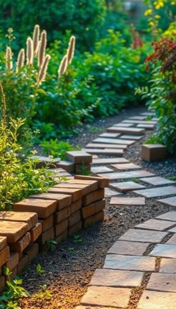 Decorative garden edges and borders DIY using old brick or stone blocks