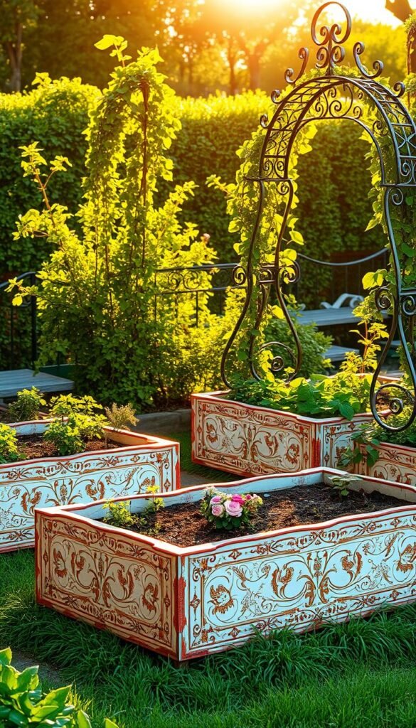 Decorative raised garden beds with intricate floral patterns adorning the edges, surrounded by lush greenery. The beds are positioned in a symmetrical layout, bathed in warm, golden sunlight that casts soft shadows. Elegant wrought-iron trellises support climbing vines, adding a touch of romantic charm. The scene exudes a sense of tranquility and refined elegance, inviting the viewer to envision a beautifully curated outdoor sanctuary.