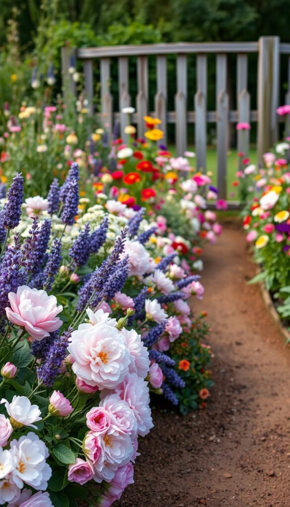 Defining a path using cottage garden borders with fragrant blooms
