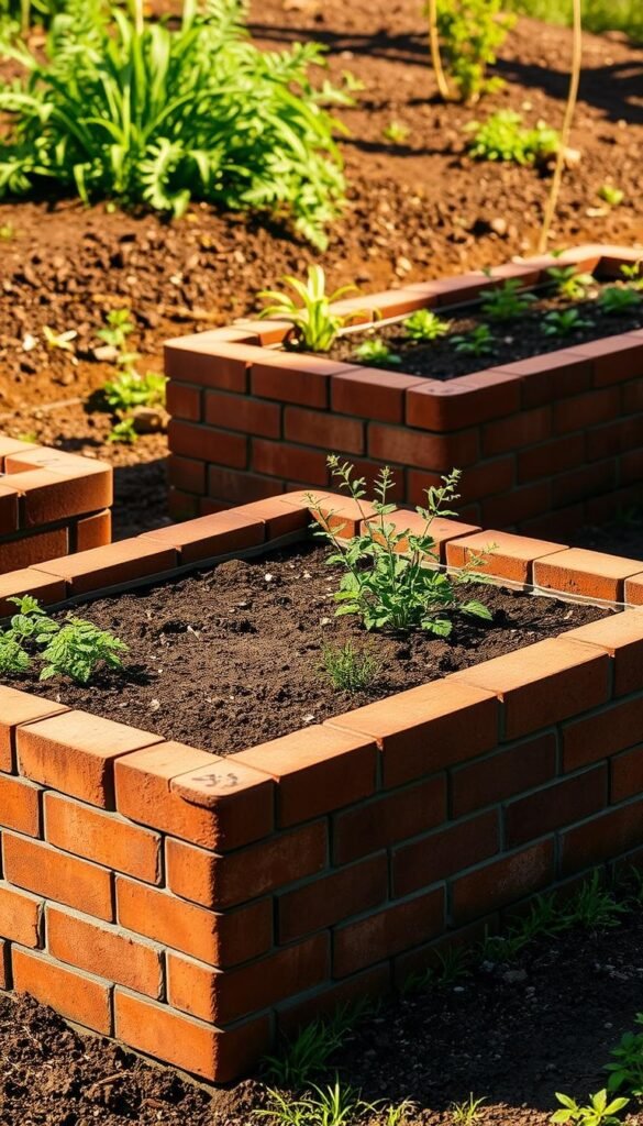 Detailed and well-lit brick raised garden beds, showcasing their sturdy construction and rustic charm. The beds are positioned in a natural outdoor setting, with lush greenery and earthy tones in the background. The bricks are expertly laid, creating a visually appealing and functional design. Warm, directional lighting accentuates the texture and color of the bricks, casting subtle shadows that add depth and dimension to the scene. The overall composition captures the timeless elegance and practical benefits of brick raised garden beds, perfectly suited for the "Overview of Brick Style Raised Garden Beds" section of the article.