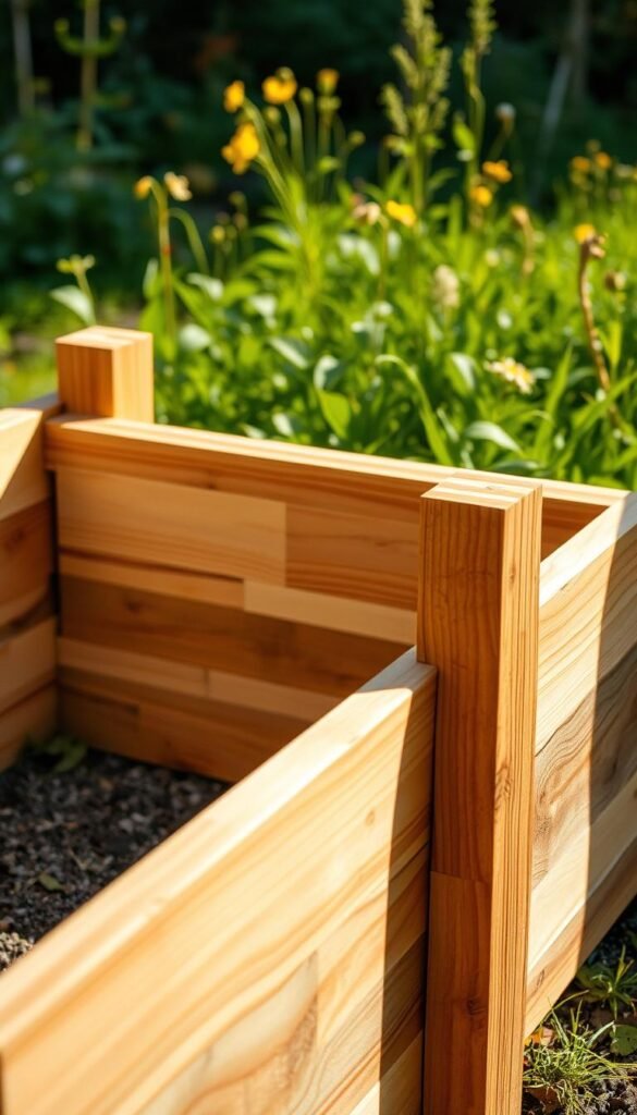 Detailed close-up view of a sturdy wooden raised garden bed frame being assembled, with a lush green garden backdrop. The frame is constructed with thick, smooth wooden planks carefully fitted together, creating a sturdy and visually appealing structure. Warm, natural lighting illuminates the scene, casting subtle shadows that accentuate the texture and craftsmanship of the materials. The camera angle is slightly elevated, providing a clear perspective of the assembly process. The mood is one of productivity, focus, and the joy of gardening, conveying a sense of rural tranquility.