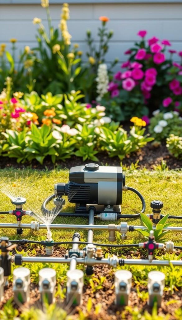 Detailed image of an efficient garden watering system, showcasing a range of components arranged in a well-designed layout. A lush, vibrant garden serves as the backdrop, highlighting the system's integration with the natural environment. The foreground features a neatly organized array of sprinklers, drip irrigation lines, and water control valves, all strategically positioned to ensure even coverage and precise water distribution. The middle ground displays a modern, energy-efficient water pump system, its sleek design complementing the overall aesthetic. In the background, a beautifully manicured garden bed with thriving plants and flowers creates a serene, low-maintenance atmosphere. Warm, natural lighting illuminates the scene, casting gentle shadows and enhancing the organic feel of the composition.