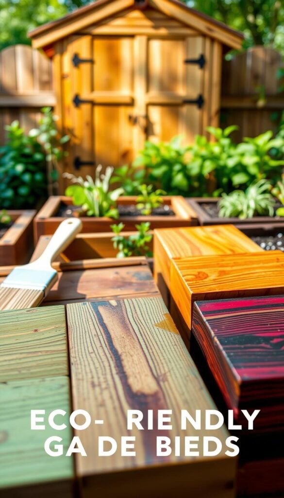 Detailed image of various eco-friendly wood treatments for outdoor raised garden beds. Vibrant colors and textures in the foreground, including non-toxic stains, linseed oil, and natural sealants. Middle ground showcases different application methods like brushing and wiping. Background features a well-lit, rustic wooden shed or fence as the setting. Soft, natural lighting illuminates the scene, highlighting the organic qualities of the materials. Conveys a sense of sustainability, durability, and environmentally conscious gardening.