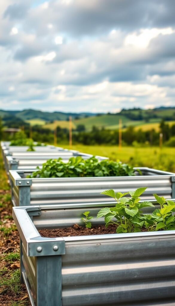 Detailed, modern farmhouse-style galvanized steel raised garden beds in a lush, verdant outdoor setting. The beds feature a sleek, minimalist design with clean lines and a silver-grey metallic finish that glistens in the warm, soft lighting. The beds are elevated off the ground, allowing for easy access and optimal drainage. The foreground showcases the durable, weather-resistant construction, while the middle ground features thriving vegetation spilling over the edges. In the background, a serene landscape with rolling hills and a cloudy, blue sky creates a peaceful, idyllic atmosphere. Captured with a wide-angle lens to showcase the full scale and integration of the beds within the natural environment.