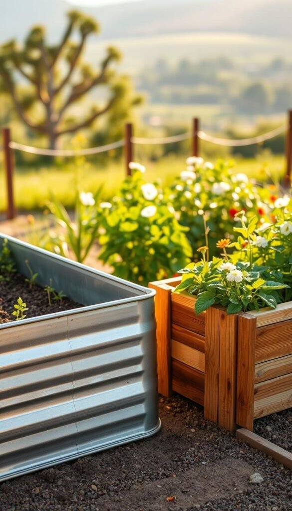 Detailed shot of a well-lit, high-angle view of a garden bed comparison scene. In the foreground, a galvanized raised garden bed stands next to a wooden raised garden bed, showcasing their distinct construction and materials. The middle ground features lush, verdant plants and flowers, highlighting the garden's productivity. The background softly blurs into a peaceful outdoor setting, with hints of a tranquil, natural landscape. Warm, natural lighting casts a golden glow across the scene, emphasizing the textures and durability of the garden beds. The composition emphasizes the cost implications of the two options, inviting the viewer to consider the practical and budgetary aspects of their garden project. Detailed shot of a well-lit, high-angle view of a garden bed comparison scene. In the foreground, a galvanized raised garden bed stands next to a wooden raised garden bed, showcasing their distinct construction and materials. The middle ground features lush, verdant plants and flowers, highlighting the garden's productivity. The background softly blurs into a peaceful outdoor setting, with hints of a tranquil, natural landscape. Warm, natural lighting casts a golden glow across the scene, emphasizing the textures and durability of the garden beds. The composition emphasizes the cost implications of the two options, inviting the viewer to consider the practical and budgetary aspects of their garden project.
