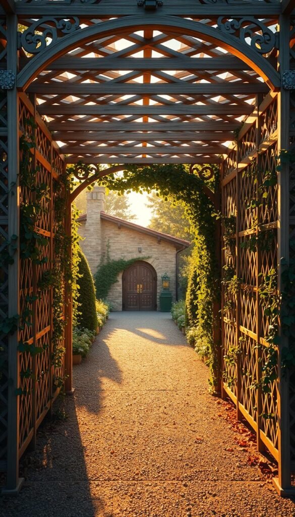 Elegant arbor entrance with intricate lattice framework, bathed in warm, golden afternoon light. The delicate wooden structure frames an inviting pathway, its intricate crisscrossing pattern casting intricate shadows on the ground below. Lush, trailing vines climb gracefully along the lattice, adding a touch of natural beauty and softness to the scene. The arbor stands as a captivating focal point, beckoning visitors to explore the enchanting garden beyond. Crisp, high-resolution image captured with a wide-angle lens to emphasize the grandeur and architectural details of this stunning garden feature. Elegant arbor entrance with intricate lattice framework, bathed in warm, golden afternoon light. The delicate wooden structure frames an inviting pathway, its intricate crisscrossing pattern casting intricate shadows on the ground below. Lush, trailing vines climb gracefully along the lattice, adding a touch of natural beauty and softness to the scene. The arbor stands as a captivating focal point, beckoning visitors to explore the enchanting garden beyond. Crisp, high-resolution image captured with a wide-angle lens to emphasize the grandeur and architectural details of this stunning garden feature.