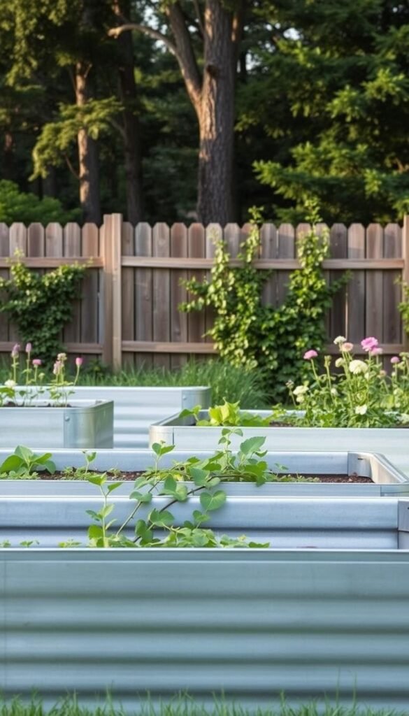 Galvanized steel raised garden beds nestled in a lush, verdant setting. The beds gleam in the soft, natural light, their metallic surfaces reflecting the surrounding greenery. In the foreground, the clean lines and geometric shapes of the beds create a contemporary, minimalist aesthetic, while the trailing vines and flowers add a touch of organic charm. In the background, a rustic wooden fence and towering trees create a sense of privacy and tranquility. The overall scene evokes a modern farmhouse style, blending industrial and natural elements for a visually striking and harmonious composition.