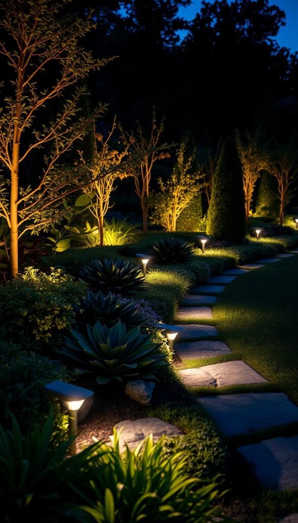 Garden borders ideas that incorporate lighting for a magical nighttime look
