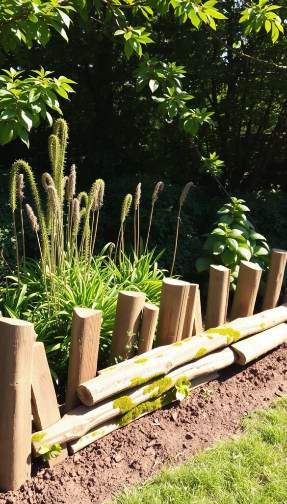 Garden borders ideas with painted timber or log edging